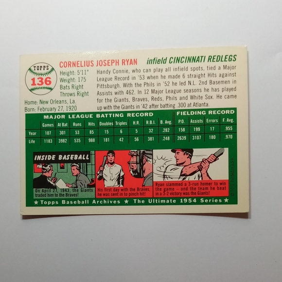 1994 Topps Baseball Archives 1954 Series Connie Ryan Collectors Trading Card - Picture 4 of 5